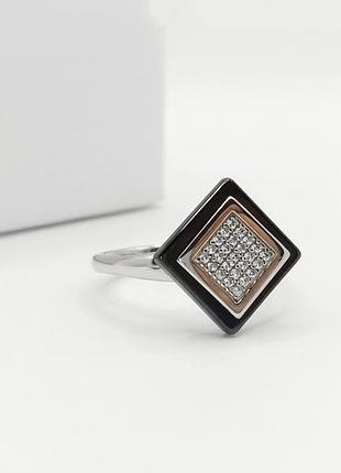 Люксовое серебряное кольцо с черной керамикой и цирконием