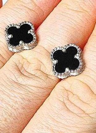 Срібні сережки чорний клевер в стилі " van cleef " ван кліф