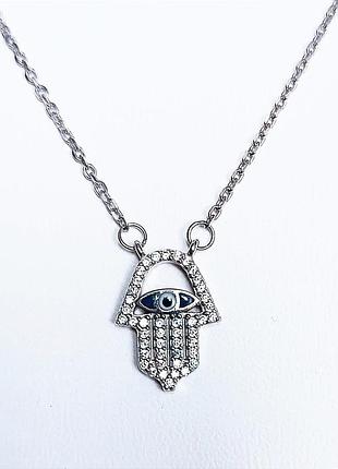 Серебряное колье "рука фатимы" с камнями из кубического циркония. 50 см.