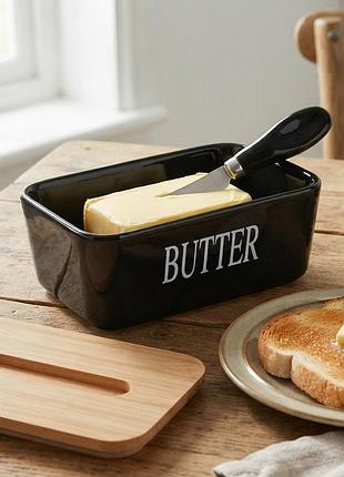 Маслянка керамічна з ножем і бамбуковою кришкою 16,8×9,5×7,7 см black