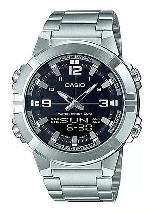 Мужские аналогово-цифровые часы casio amw-870d-1a, стальной браслет, wr 50 м
