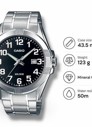 Чоловічий годинник casio mtp-1308d-1b, кварцовий, сталевий браслет, wr 30 м