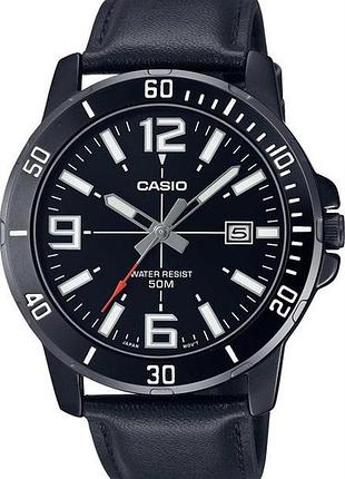Мужские часы casio mtp-vd01bl-1b, кварцевые, кожаный ремешок, wr 30 м