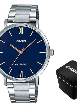 Мужские часы casio mtp-vt01d-2b, кварцевые, стальной браслет, wr 30 м