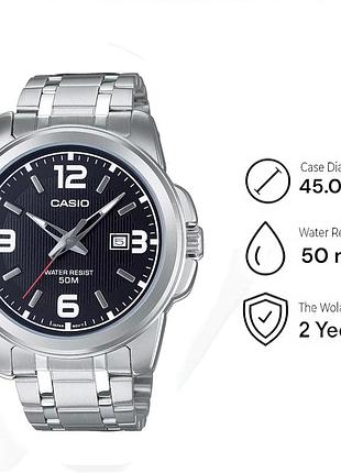 Чоловічий годинник casio mtp-1314d-1a, кварцовий, сталевий браслет, wr 30 м