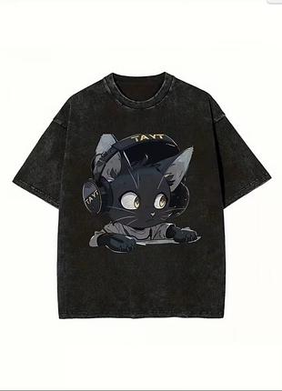 Футболка женская серая из хлопка с котом m 0000375