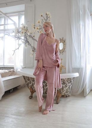 Велюровый комплект тройка розовая пижама1 фото
