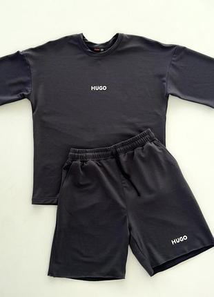 Мужской спортивный костюм на лето hugo boss, мужской комплект шорты и футболка графитового цвета хуго босс