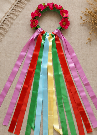 Український віночок з атласними стрічками 60 см для святкового костюму + стрічка в косу в подарунок