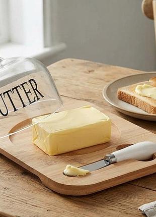 Маслянка butter зі скляною кришкою, бамбуковою підставкою та ножем 17×20×11 см