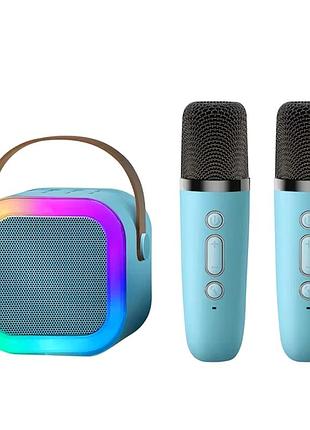 Портативна колонка караоке 2 мікрофони bluetooth акумулятор 10 вт 2000 ма·год 9х7х9 см блакитна mc-8130