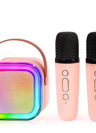 Портативная колонка караоке 2 микрофона bluetooth аккумулятор 10 вт 2000 мач для вечеринок розовая mc-7645