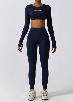 Спортивний комплект s-xl: топ з чашками, кофта-болеро рукава-митенки, лосини пуш ап темно-синій 7433-7463-9033 спорт набір костюм на тренування