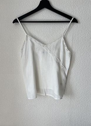 Біла лляна майка топ на тонких бретелях з мереживом / майка з льону zara xs s