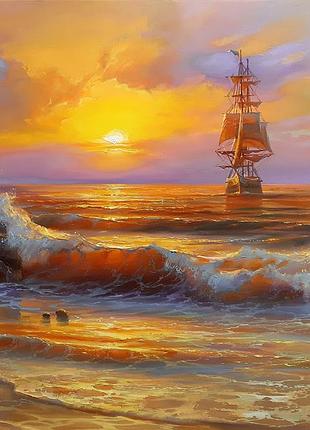 Картина маслом море, морской пейзаж (полотно, масло) "сход солнца” 50смх60см