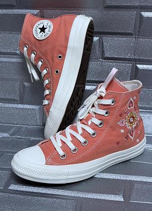 Кросівки кеди жіночі converse all star дитячі 35 розмір (22,5 см устілька) персиковий колір вишивка взуття для жінок дівчат підлітків шнурки конверси