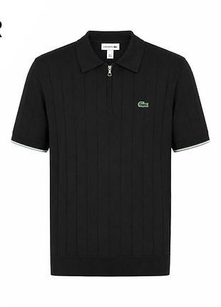 Чоловіче поло lacoste чорне трикотажне на блискавці з фактурною вертикальною в'язкою та логотипом крокодила, premium casual