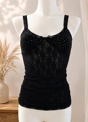 Майка кружевная, hodul fashion design, майка с пайетками, размер s, черная майка, майка