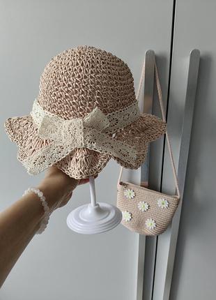 Шляпа детская, для девочки розовая, соломенная, панама детская, соломенная, для пляжа