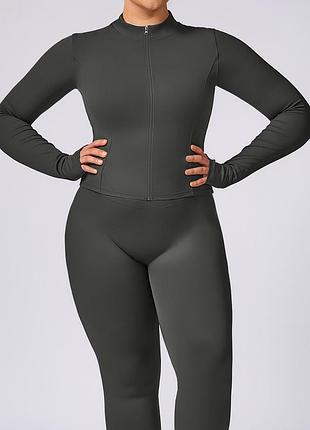 Рашгард плюс сайз (s-3xl) кофта спортивна з рукавами-мітенками на блискавці мокрий асфальт спорт олімпійка темно-сіра 73329 на тренування