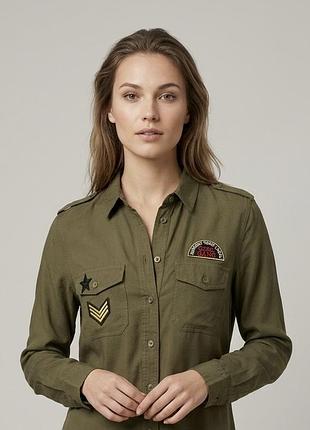 Хаки зеленая рубашка с нашивками вискоза xxs xs s m tally weijl