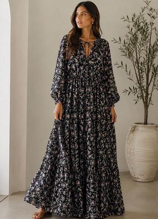 Довге плаття сукня в квітковий принт шифонове з довгим рукавом roman 18 l-xl