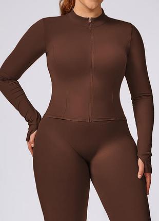 Спортивная кофта на молнии plus size шоколад (s-3xl) кофейный рашгард с длинными рукавами-мытенками коричневый 73139 эластичная спорт