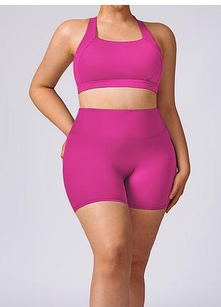 Рожевий комплект plus-size (s-3xl): топ з змінними чашечками на резинці + шорти пуш-ап фуксія спортивний набір на тренування малиновий 7436-91190