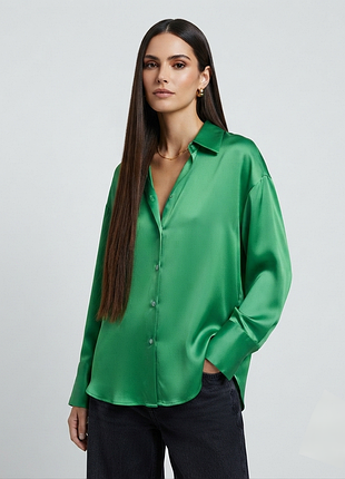 Роскошная сатиновая зеленая рубашка хс м zara