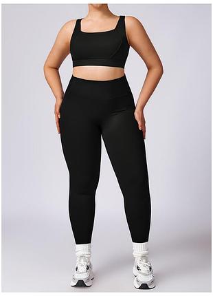 Спортивний костюм (s-3xl): топ з чашечками та лосинки висока посадка для фітнесу та тренувань плюс сайз чорний 7400-90660 комплект набір