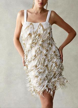 Вечірня, коктельна сукня кaren millen з бахрамою з бісеру срібляста/ золотиста