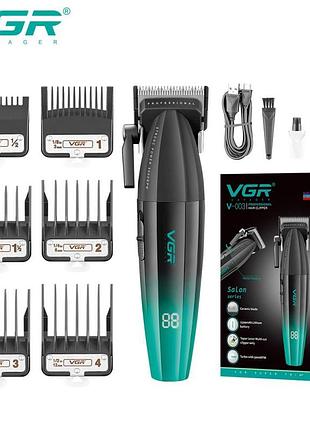 Акумуляторна машинка для стриження (clipper) vgr v-003 green, 6 насадок, turbo режим 9000 rpm, керамічне лезо, led display