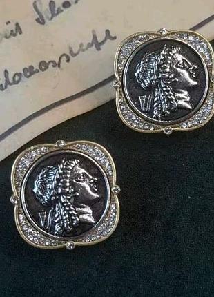 Серьги монета, винтаж, камея, портрет, лицо, медь, позолота