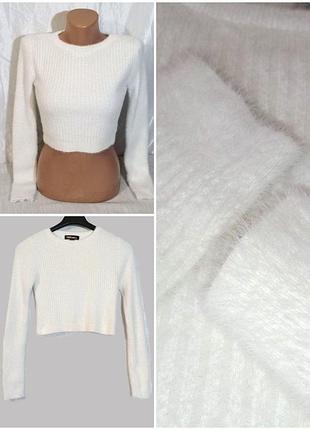 Жіночий пухнастий вкорочений светр / кроп-светр в рубчик pink vanilla m/44-46 білий
