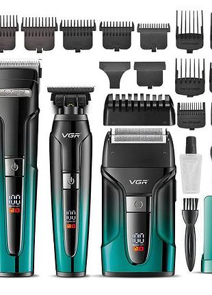 Комплект vgr 3 в 1 v-694 green акумуляторна машинка для стриження (clipper), триммер та електробритва (шейвер)