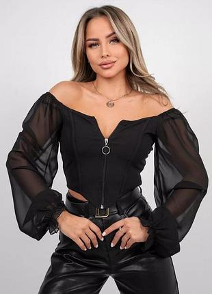 Топ valencia  блуза з шифоновими рукавами. розмір: s, m, l, xl. колір: чорний, блакитний.