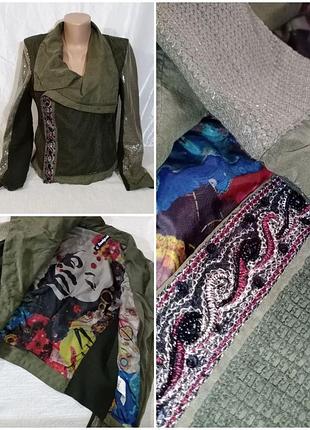 Женская новая дизайнерская куртка косуха / жакет р. 42-44 desigual с вышивкой и пайетками хаки оливковый