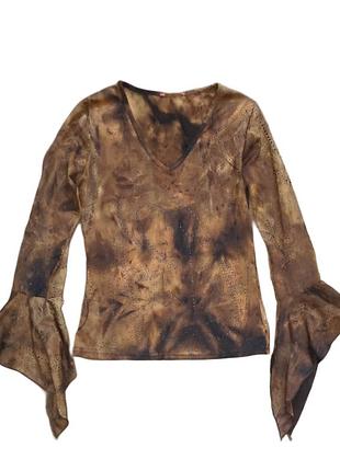 Коричневий лонгслів tie-dye з рукавами клеш і стразами v-виріз кофта з кльош рукавами fairy grunge whimsigoth y2k коричневая кофта с клеш рукавами s m