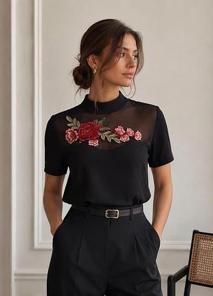 Чорна блуза boohoo з вишивкою троянд і сіткою, розмір s 36