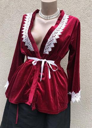 Бархат,велюр блуза бордо с кружевом на запах,нарядная,вечерняя
