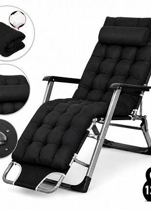 Садовое пляжное кресло ideal garden premium с матрасом и подушкой, до 125 кг, черный, шезлонг для сада и террасы