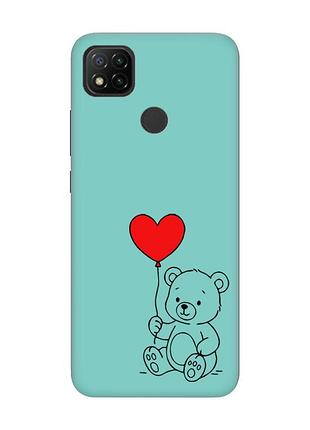Матовый бирюзовый чехол на xiaomi redmi 9c/10a медвежонок с сердечком (принт 431)