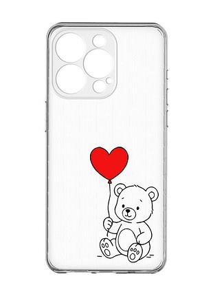 Прозрачный чехол с защитой камеры на iphone 15 pro max медвежонок с сердечком (принт 431)