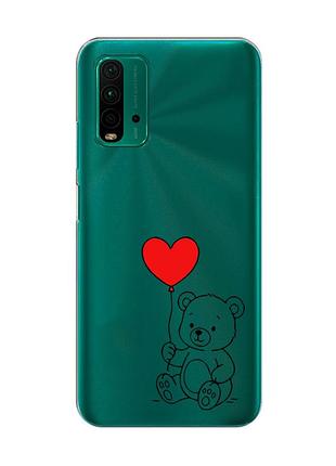 Прозрачный чехол на xiaomi redmi 9t медвежонок с сердечком (принт 431)
