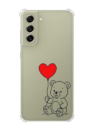 Чехол с утолщёнными углами для samsung s21 fe медвежонок с сердечком (принт 431)