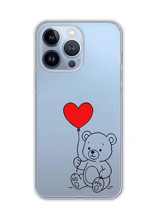 Прозрачный чехол на apple iphone 13 pro медвежонок с сердечком (принт 431)