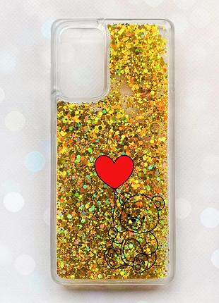Чехол с плавающими золотыми блестками на samsung galaxy a52 (a525) медвежонок с сердечком (принт 431)