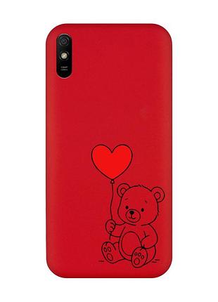 Матовый красный чехол на xiaomi redmi 9a медвежонок с сердечком (принт 431)