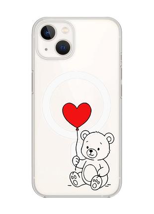 Магнітний чохол на iphone 14 plus із підтримкою magsafe ведмежатко з сердечком (принт 431)