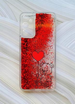 Чехол с плавающими красными блестками на samsung galaxy a15 (a155) медвежонок с сердечком (принт 431)